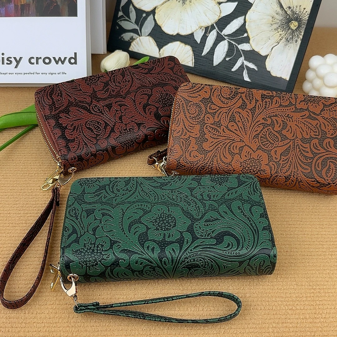 New Women\'s Long Wallet Elegant Retro Embossed Handbag Ethnic Style Large Capacity Double Zipper Multi Compartment Phone Bag