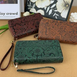 New Women's Long Wallet Elegant Retro Embossed Handbag Ethnic Style Large Capacity Double Zipper Multi Compartment Phone Bag