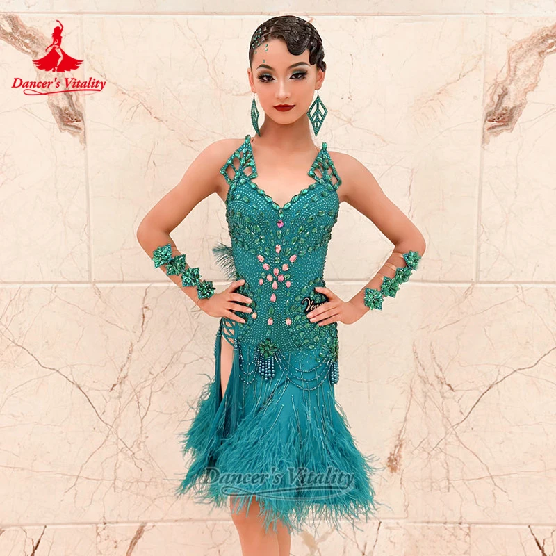 Adult Female Sexy Latin Dance Luxury AB Stones Dresses Teenagers Samba Jive Feather Contest Clothes Customized Dancer's Vitality