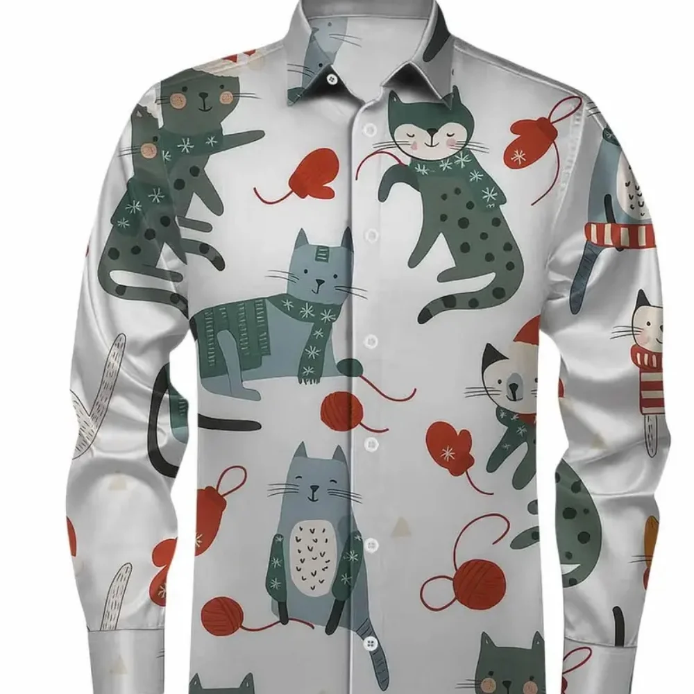 Kemeja Natal Ukuran Besar Pria 2025 Motif Kartun Kucing Lengan Panjang Kancing Depan Kemeja Pesta Natal yang Menyenangkan Pengiriman Cepat
