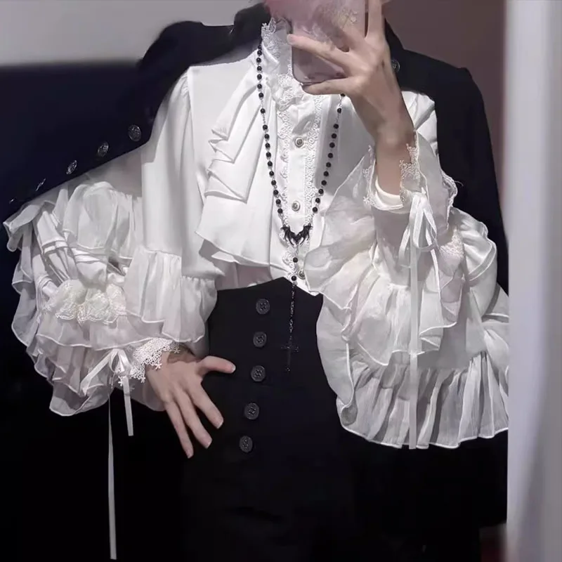 

Японская блузка Kawaii для девочек, милая милая рубашка с рукавами-фонариками в стиле Лолиты, кружевной лоскутный топ Y2k, готический винтажный женский топ JK, свободные блузки