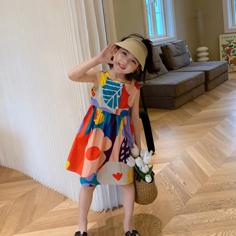 Humor Bear Summer Sundress Girls Dress Casual Color Contrast Clothing Jumper Striping Holiday Wear Children\'s Clothing