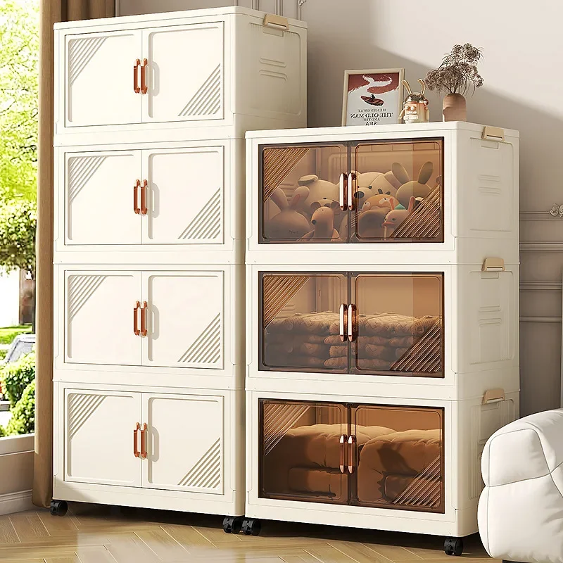 Folding Double Door Storage Cabinet for Bedroom Clothes Magnetic Suction Design Dustproof Plastic Wardrobe Organization Boxes