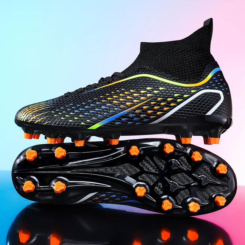 A pair of youth high-top FG soccer cleats, breathable dotted knit upper, cushioned sole for training matches MZ-2608-1