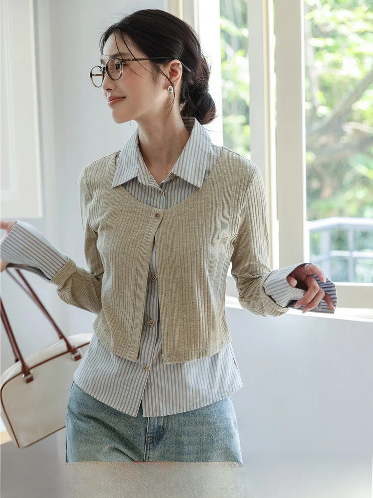 

Вязаный лоскутный топ цвета хаки в полоску Long Sve, повседневный женский осенний новый топ, устойчивый к деформации