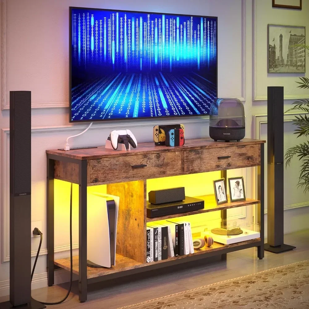 LED TV Stand for 55 Inch, Entertainment Center with Power Outlet, Storage Shelf and 2 Large Drawers, TV Stand