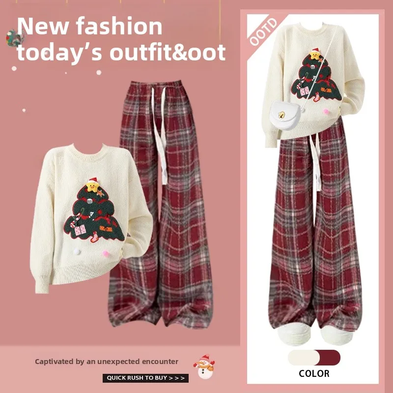 

Корейский сладкий высококачественный свитер и клетчатые повседневные брюки, комплект из двух предметов, зимняя женская одежда Faion, круглый ансамбль Ne...