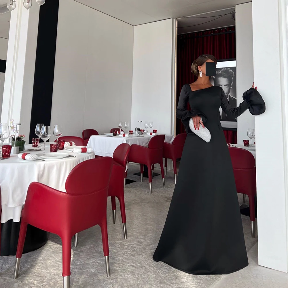 

Customized Simple Black V-neck A-line Jersey Evening Dress Full Puff Sleeves Backless Party Dress Floor Length Prom Gown