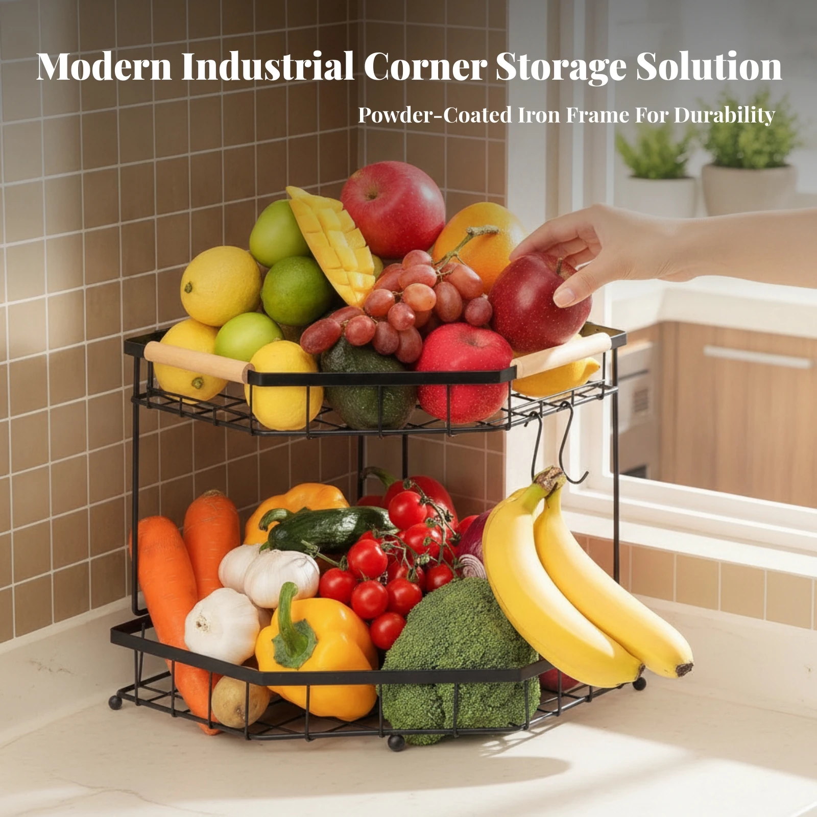 Corner Countertop Organizer Compact 2-Tier Corner Shelf Countertop Rack with Wood Handles Rustic-Industrial Long-Lasting