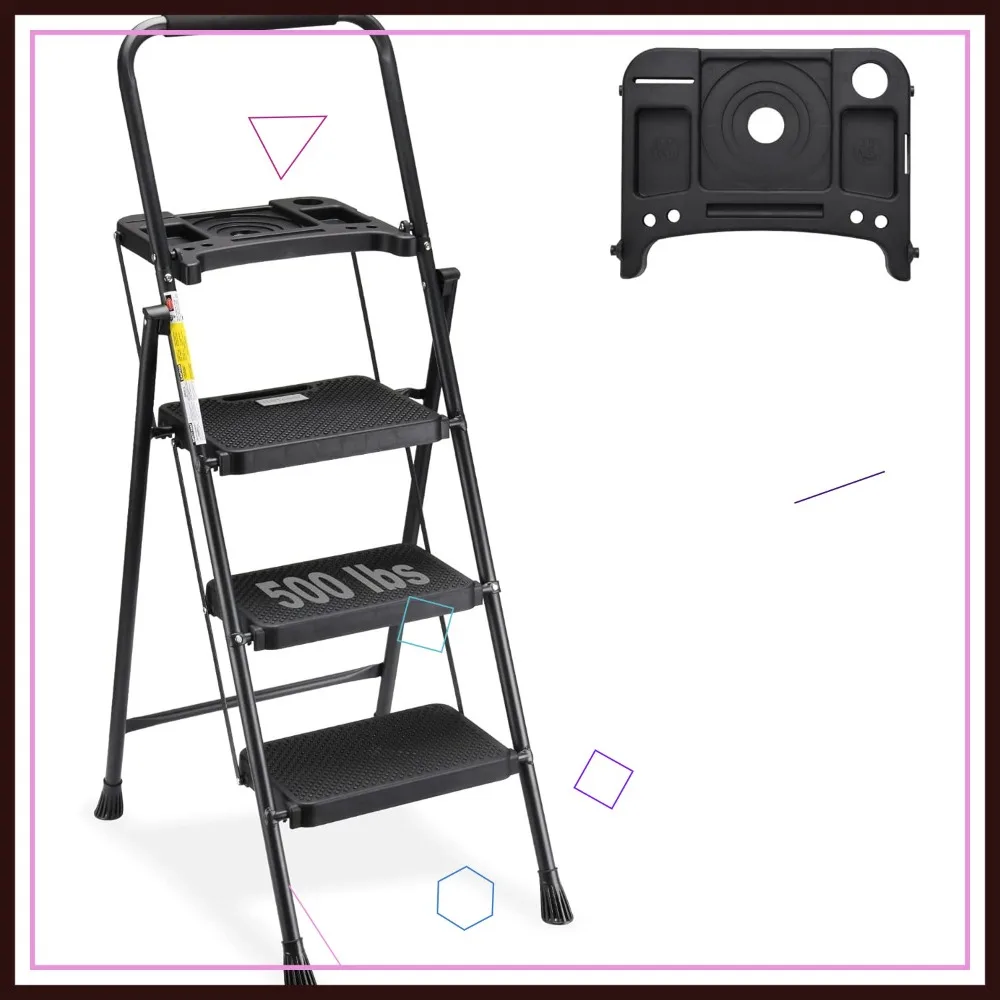 

3-Step Folding Ladder with Tool Tray, Wide Non-Slip Pedal & Comfort Grip for Home/Office, Lightweight 500lbs Capacity, Black