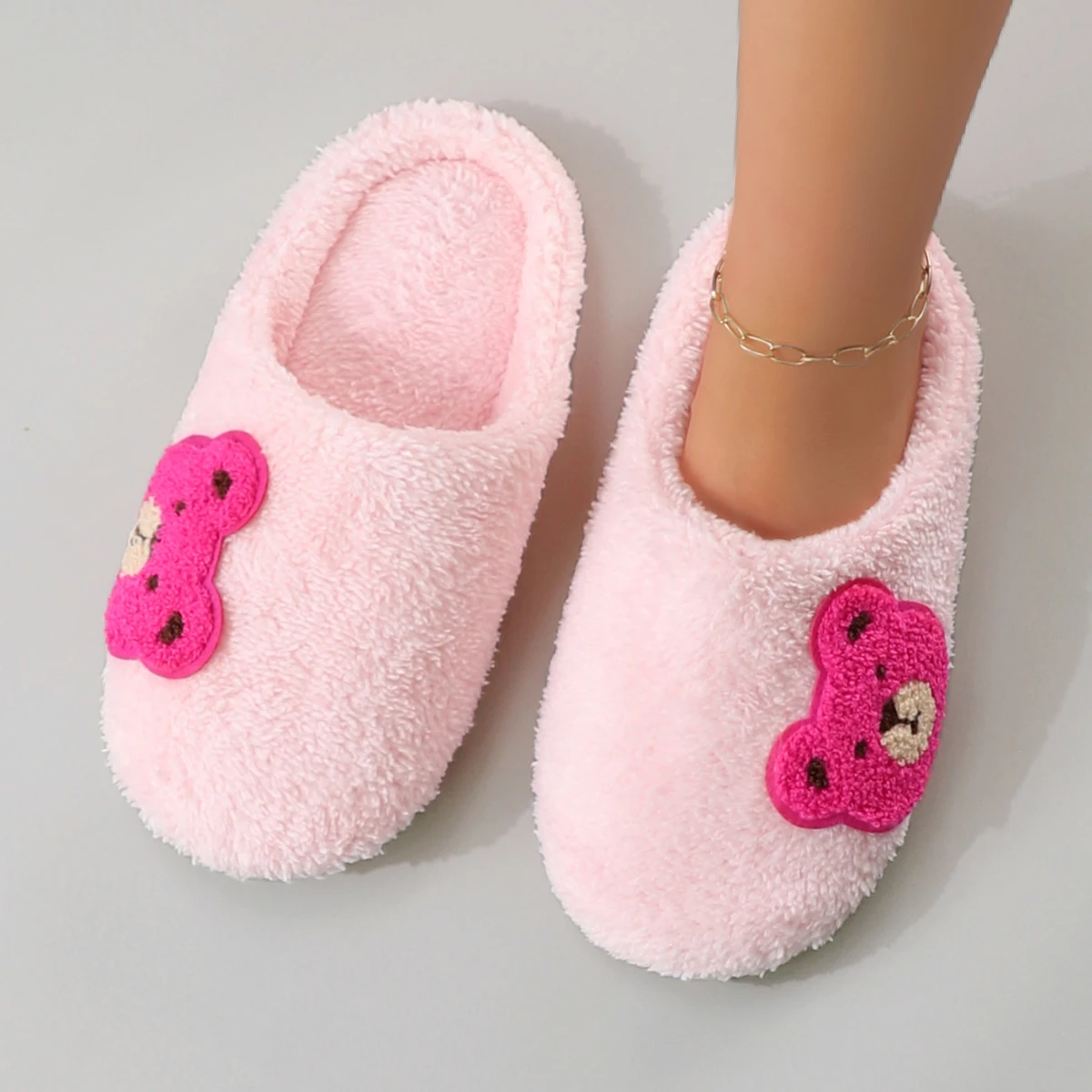 Cute Cartoon Embroidered Bear Plush Silent Soft-Soled Women's Home Slippers Floor Socks Slippers