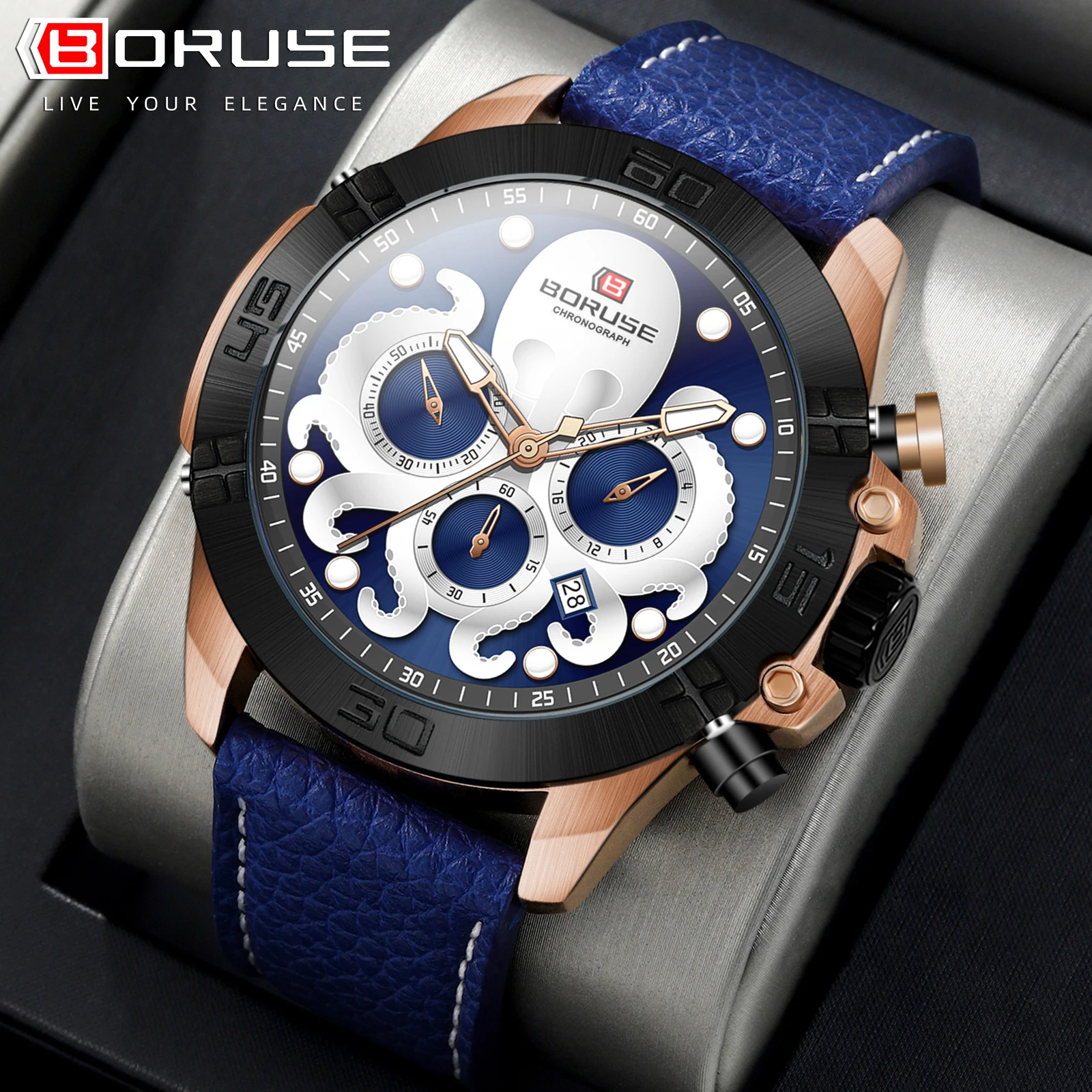 

BORUSE Mens Fashion Business Quartz Watches Luxury Men Wrist Watch Leather Watch Sports Waterproof Luminous Male Clock With Box