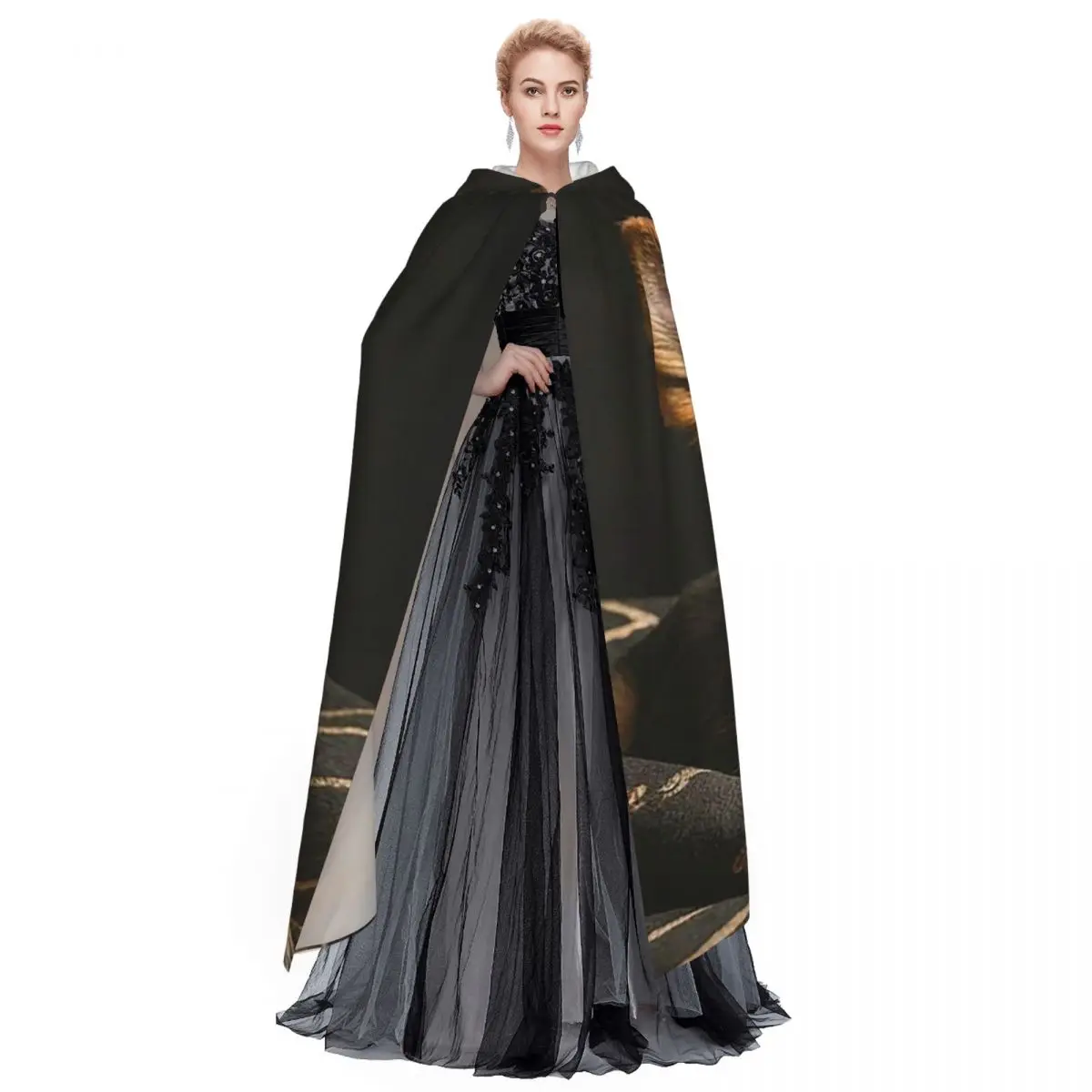 Adorabile pastore tedesco ritratto lungo mantello con cappuccio strega costume medievale mantello cosplay festa di Halloween adulto unisex