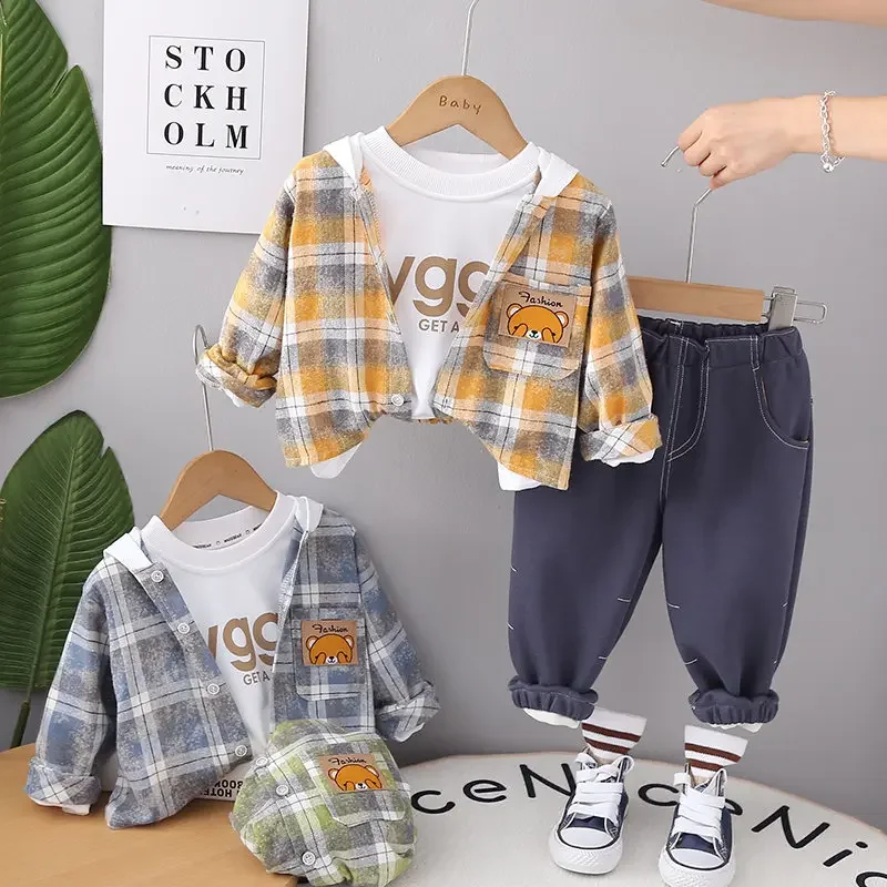 

Spring Autumn Children Boys Girls Cotton Clothing Sets Kids Plaid Coat Hoodies T-shirt Pants 3Pcs/Set Fashion Toddler Tracksuits