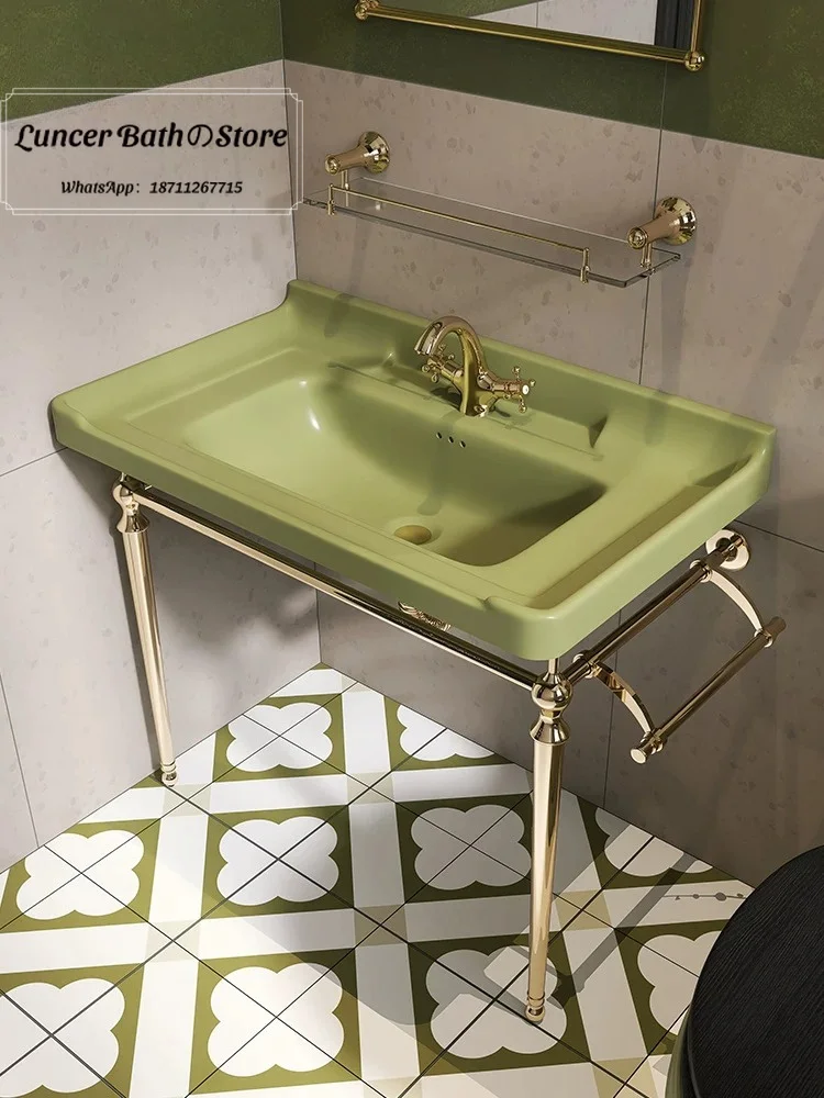 French Retro Freestanding Ceramic Wash Basin With Metal Support Frame European Vintage Sink