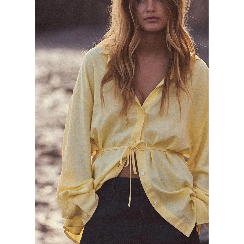 Lente nieuwe collectie losse linnenmix irt voor dames woon-werkverkeer Sle lange Sve-kraag normale lengte pure kleur polyester...