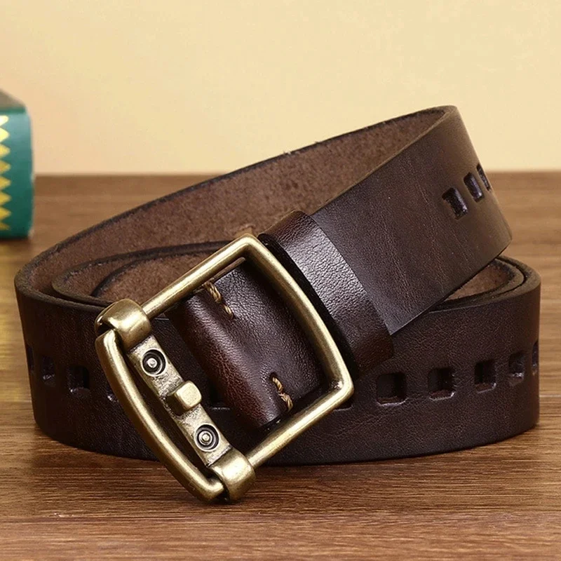 Smooth Pin Buckle Belt Male Individual High Quality Genuine Leather Belts Pure Copper Cowhide Youth Yetro Vintage Jeans Belt