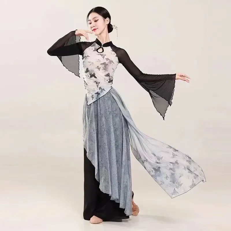 Women Classical Dance Folk Dance Costumes Chinese Style Ink Butterfly Print Black Top Culottes Girls Dance Training Uniforms