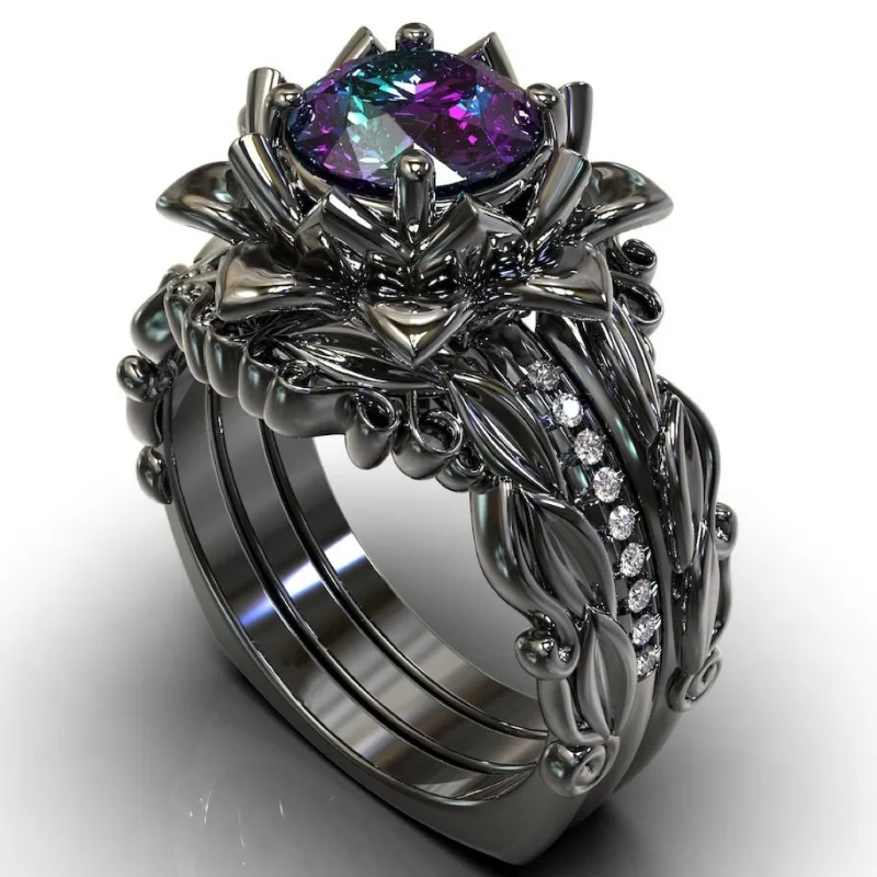 Gun black ring hot-selling three-piece women's ring, rose inlaid zircon jewelry, first choice for wedding and engagement