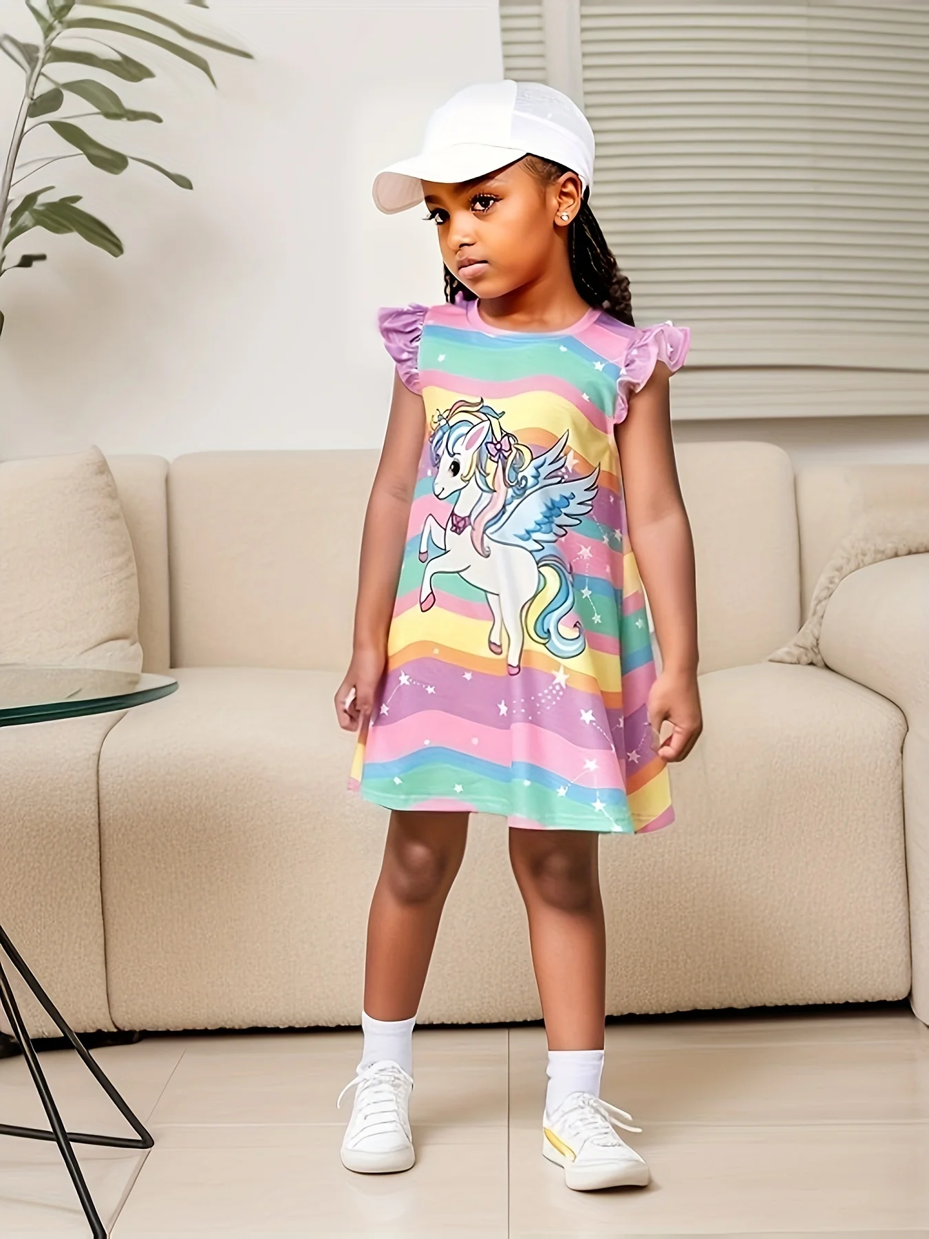 Abito da ragazza estivo Nuovo bambino Moda T-shirt carina Abito da bambino alla moda con maniche volanti piccole Abito a trapezio