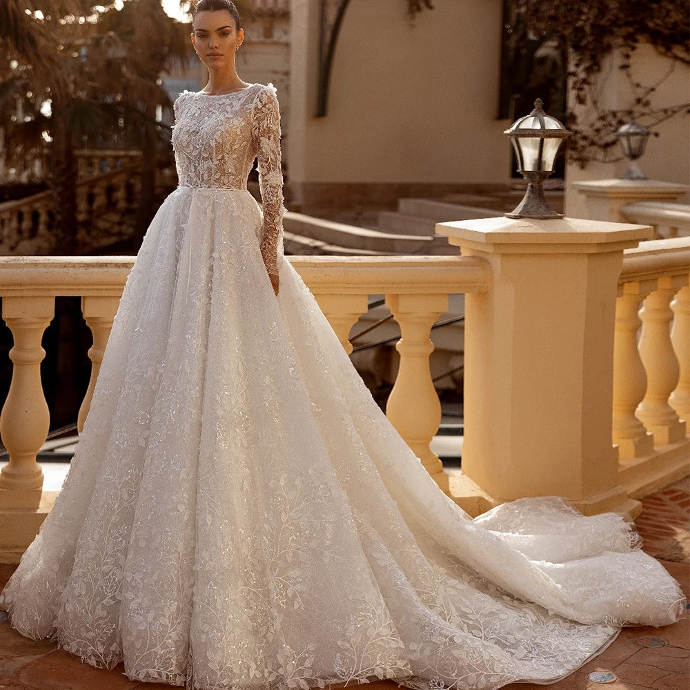 

A-line Wedding Dress Backless Lace Illusion Round Neck Birde Dresses Tulle Skirt Long Sleeve Gown فستان حفلات الزفاف