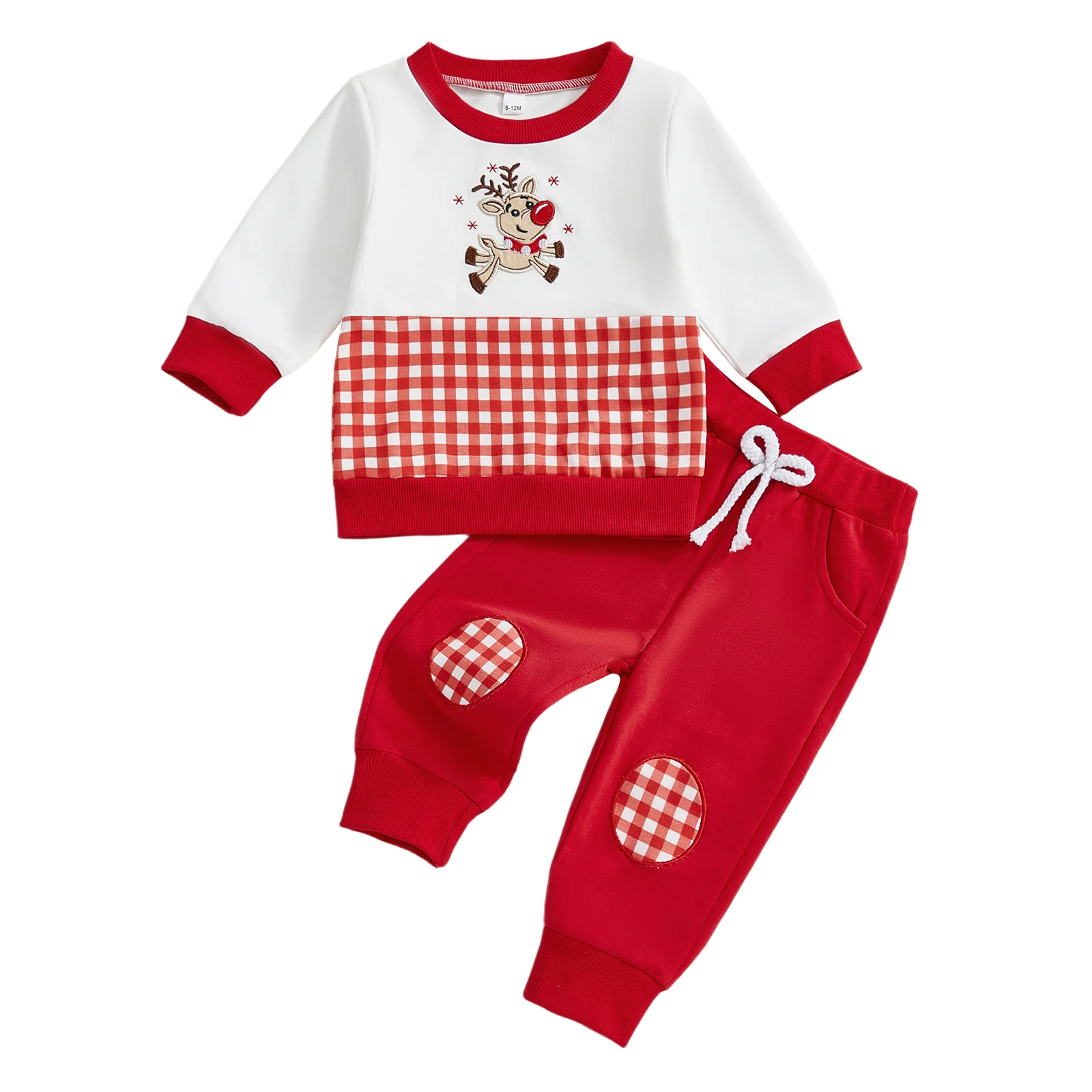 

Toddler Baby Boys Plaid Set Christmas Reindeer Embroidery Long Sleeve Pullover and Bow Pants 2 Pcs Outfit