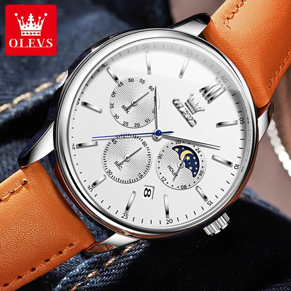 Olevs 2024 neue Herren Quarzuhren Luxus Leder armband wasserdicht Chronograph Mondphase Mann Uhr Mode Sport uhr für Herren