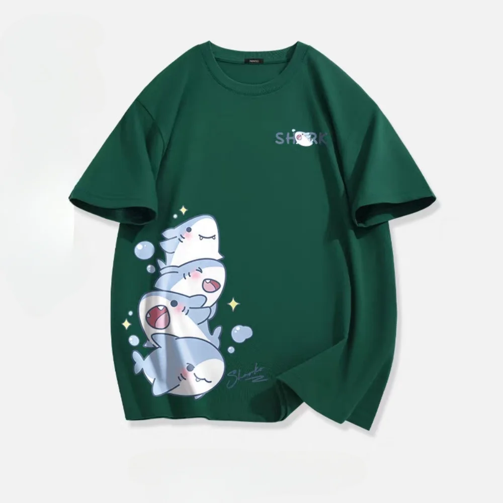 여름 아이스 실크 블루 탑 청소년 통기성 반팔 루즈핏 티셔츠 남자 귀여운 상어 만화 프린트 반팔 티셔츠