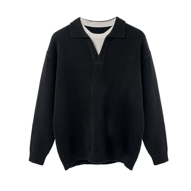 HKSH Sweater Rajut Wol Dua Lapis Model Blok Warna Gaya Amerika untuk Pria dan Wanita, Sweater Musim Dingin Mewah dan Hangat, Model Chic Ins HK13053