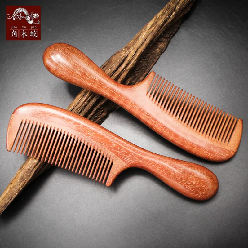 Jiaomu Jiao red sandalwood comb with fine teeth, round head, and thickened handle, handcrafted model