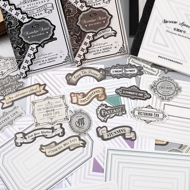 4 Styles Vintage Label Border Stickers Retro Banner Text Geometric Frame Stickers For Journal Scrapbooking DIY Collage Crafts