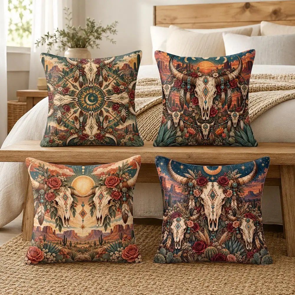 Bull Skull Desert Roses Moon Cushion Cover Soft Short Plush Pillow Cases Hidden Zipper Cutecore Sofa Bedroom Home Decor Gift