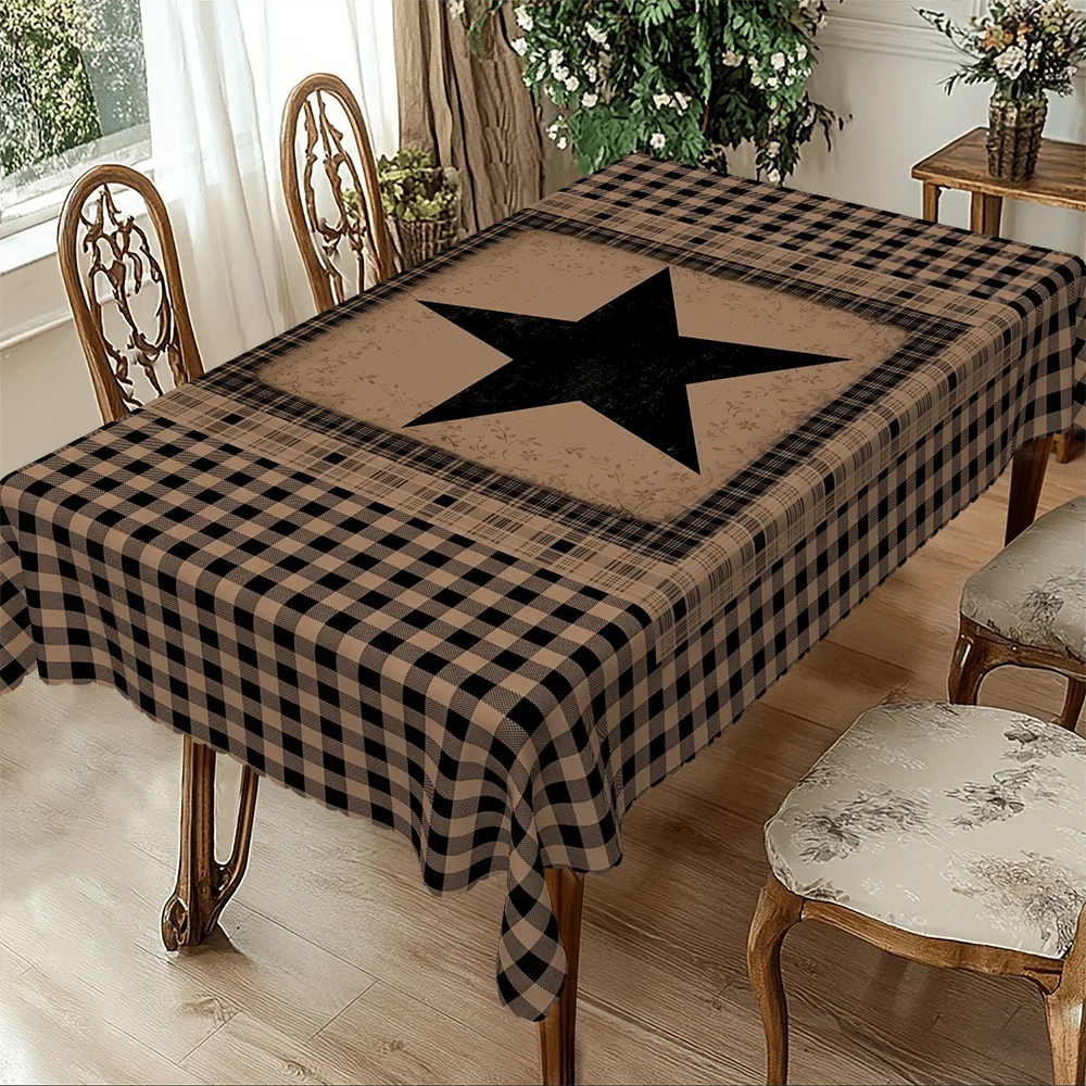 1pc, Brown and black checkered five-star American country style pattern tableclothzyc