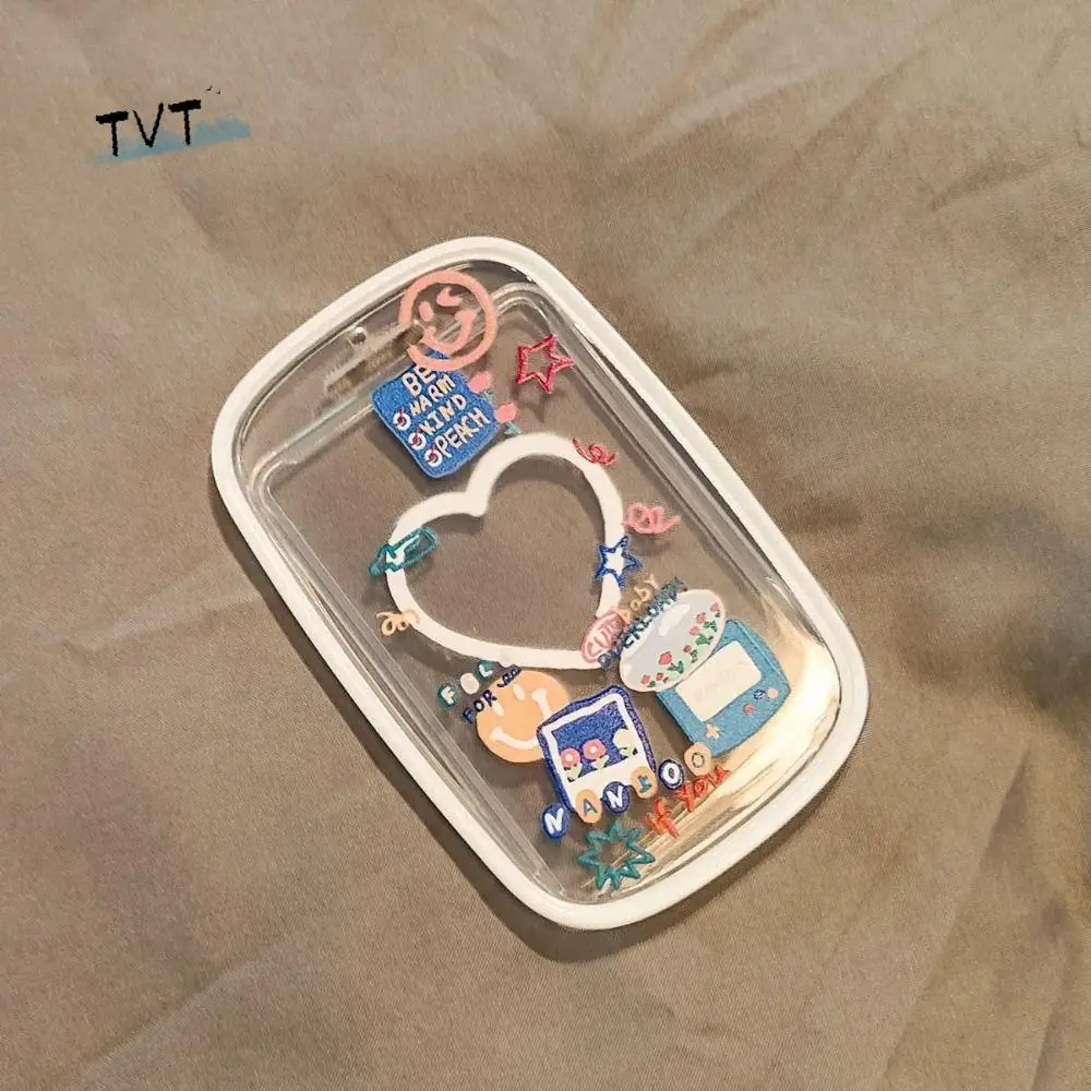 

Sweet Pink Transparent Card Holder Doodle Transparent Students Bus Card Cover Access Control Kawaii Pattern Card Case Keyring