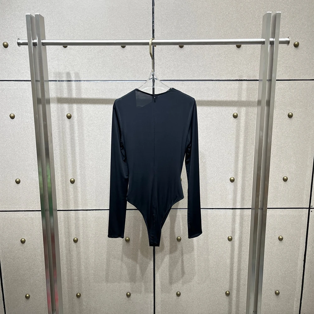 Ladies Bodysuit Long Sleeve Sparkly Rhinestone Heart Patch Slim One‑Piece Top Elegant Club Party Street Going‑Out Bodysuit