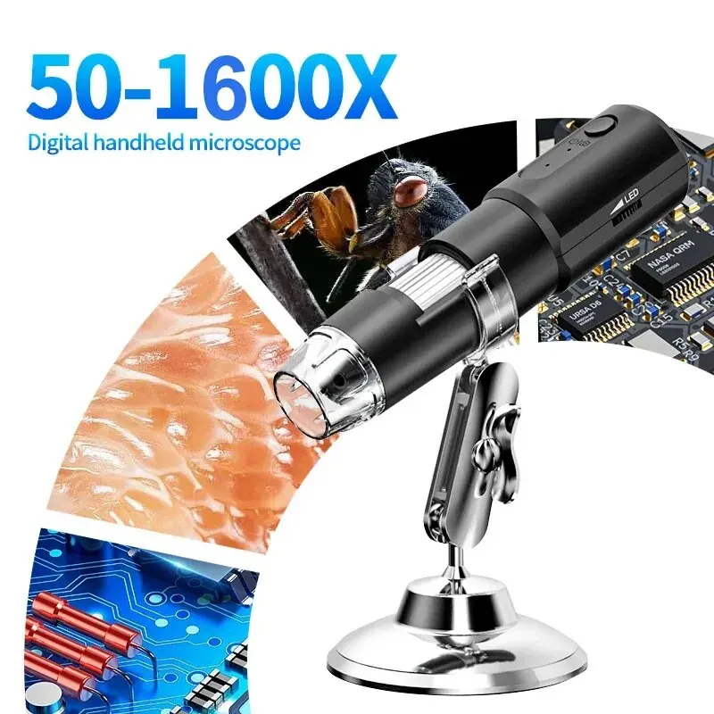 Microscope numérique sans fil 50X-1600X zoom microscope portable avec support réglable, adapté aux enfants et aux cadeaux prend en charge les systèmes IOS et android