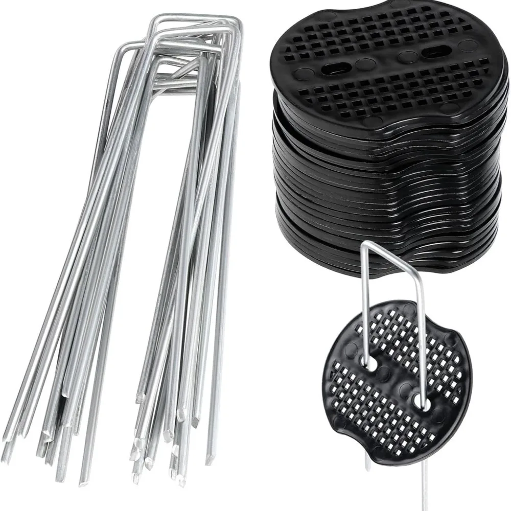 Landscape Fabric Pins 100-200Pcs U-shaped Ground Pegs with Buffer Washers for Weed Control Netting Garden Lawn Accessory