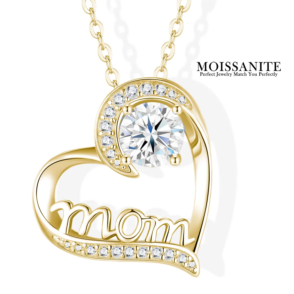 

Heart Shaped Moissanite Necklace MOM Pendant 925 Sterling Silver 18K Gold Plated 1CT Gift for Mother’s Day Anniversary