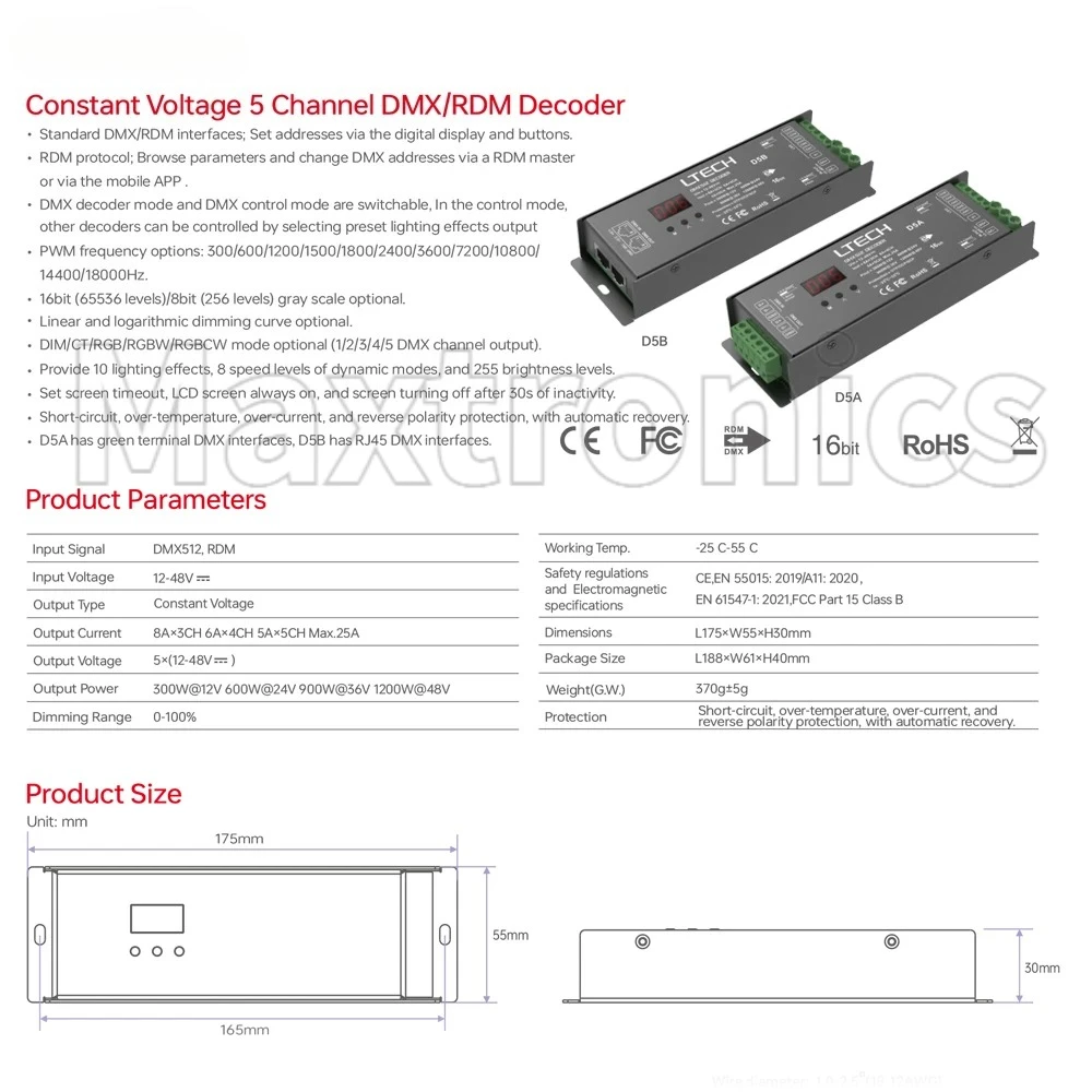 LTECH DMX512 / RDM 5CH Constant Voltage Decoder D5A/ D5B DC12-48V 5 Channel Control Max 24A for DIM CCT RGB RGBW RGBCW LED Strip