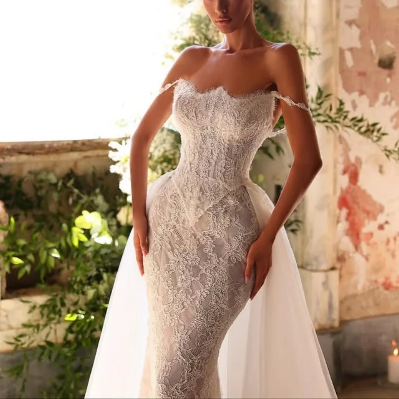 

ivory white Appliques Wedding Dresses off-shoulder fishtail decal Long tail detachable train Bridal Gowns Made Customized