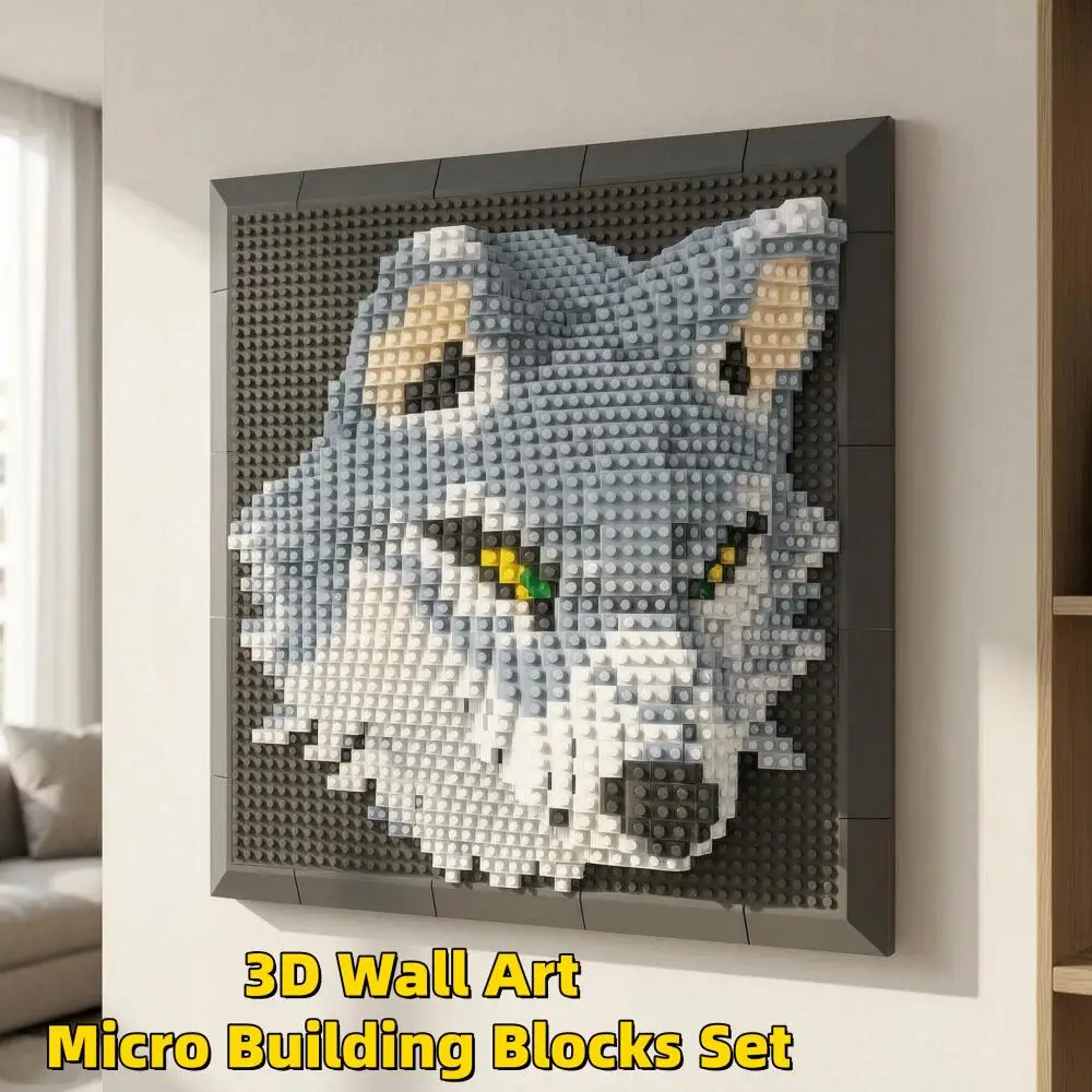Creative 3D Wolf Head Micro Building Blocks Wall Mural Painting Art Frame Animal DIY Puzzle Assembly Toy Wall Table Decor Gifts