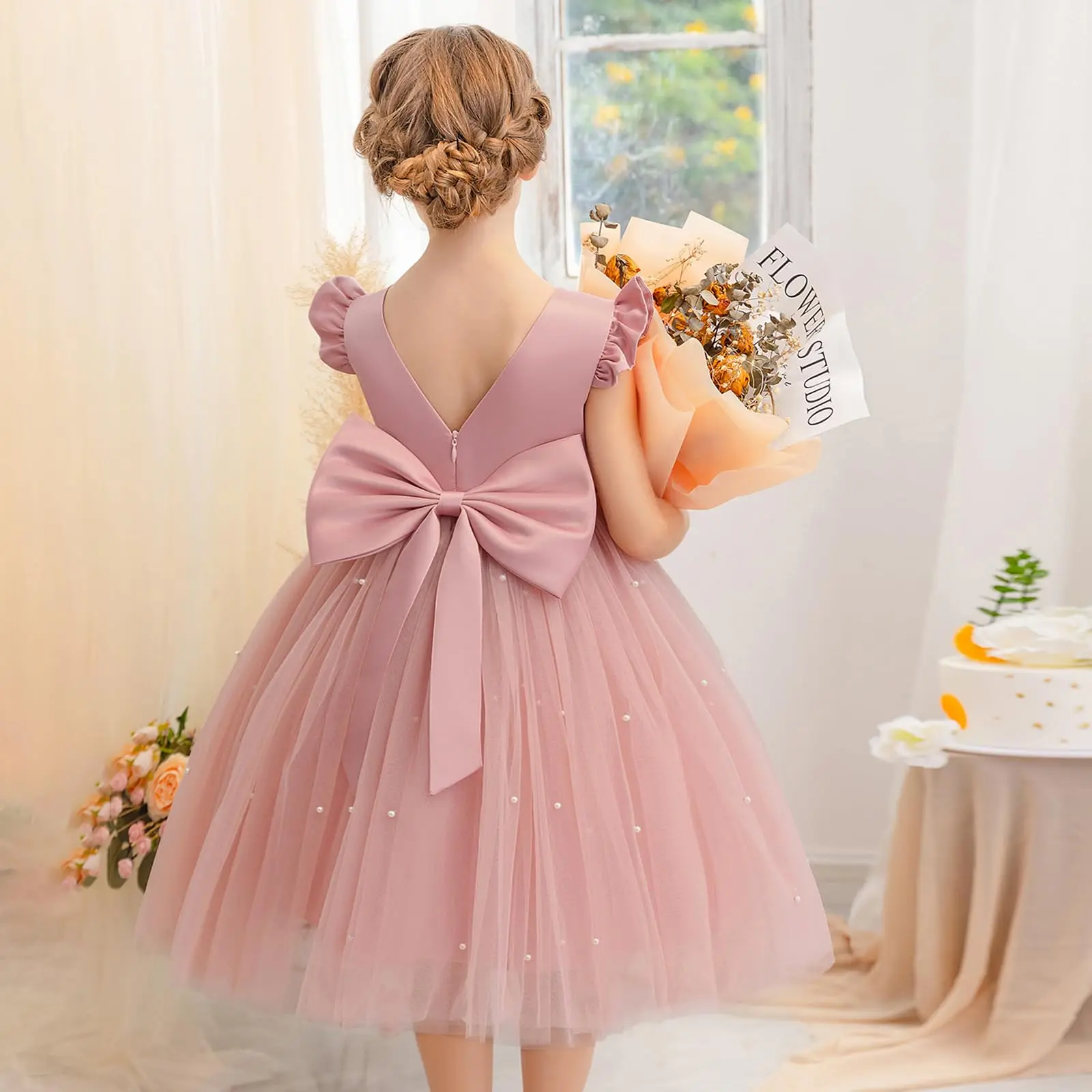 

Flower Girl Dress Wedding Guest Ruffle Tulle Satin Party Birthday Princess Dresses Pageant Gown Kids Short