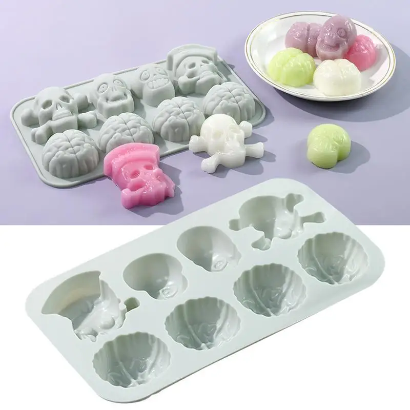 Halloween 8 Skeleton Baking Silicone Mold human brain silicone Baking molds Skull Design Silicone Candy Molds with 8 Grids