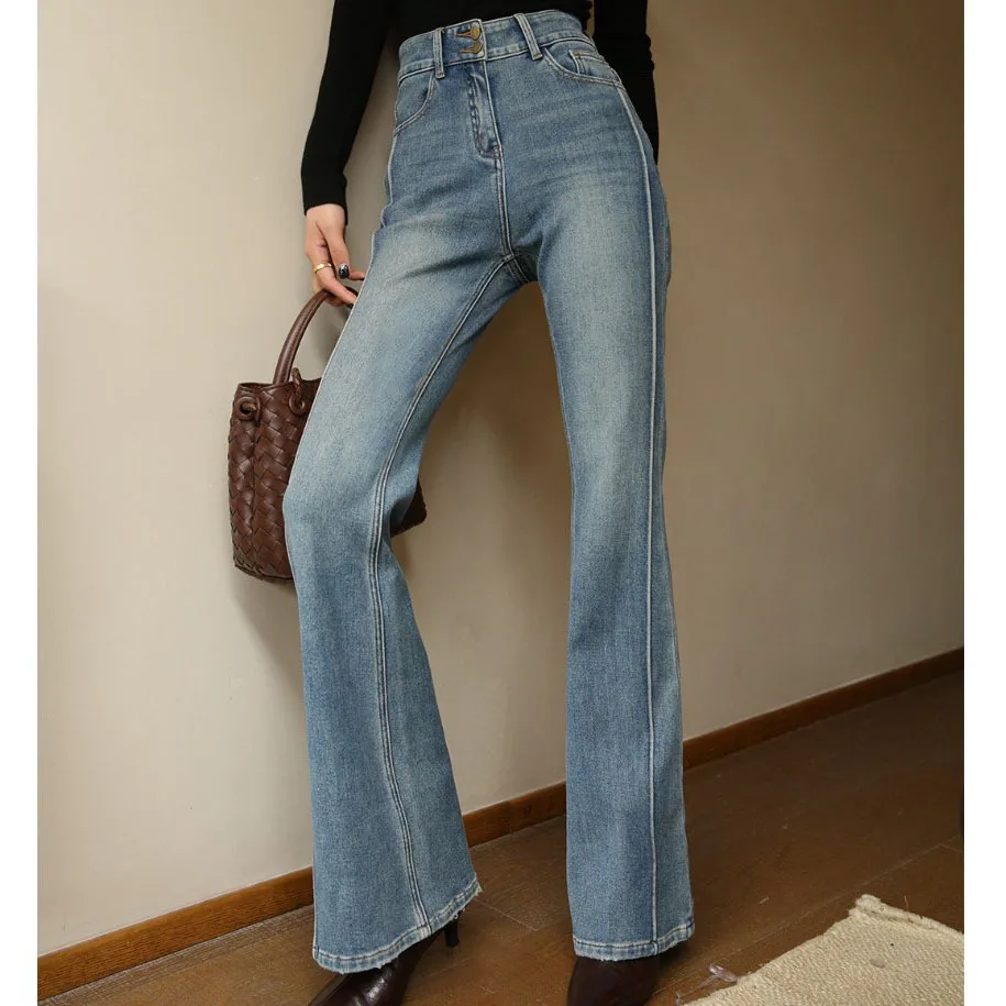Jeans dritti a vita alta blu scuro da donna Autunno Nuova versione slim fit a gamba larga Tessuto denim elasticizzato Pantaloni intellettuali eleganti