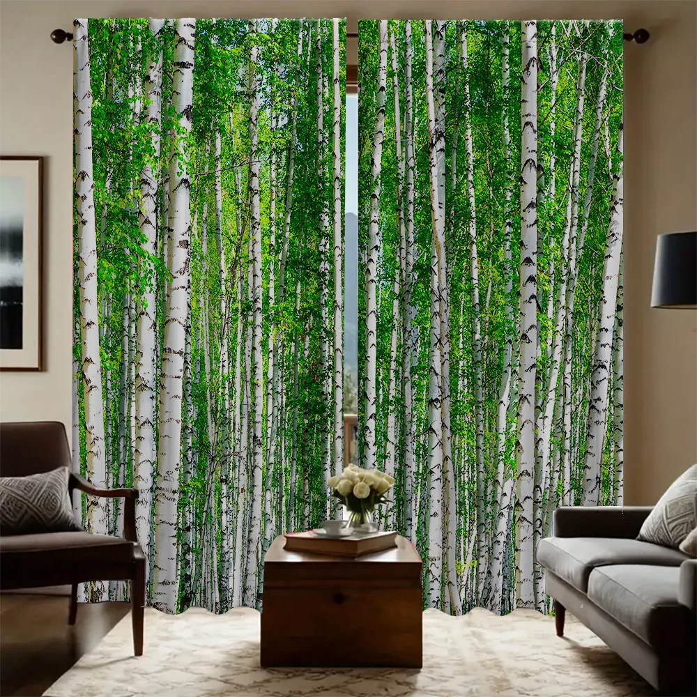 2PC Home Birch forest Curtains With Landscape Background And Pole Pocket Curtains, Kitchen, Coffee Shop, Living Room