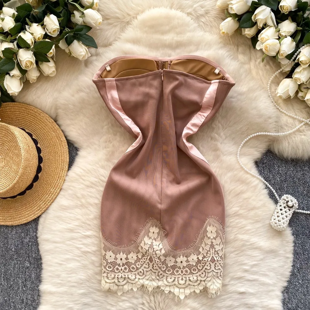 Sexy Spliced lace sleeveless Chic Elegant Vestidos Vintage Summer Women Korean Fashion Ceremonial Dress