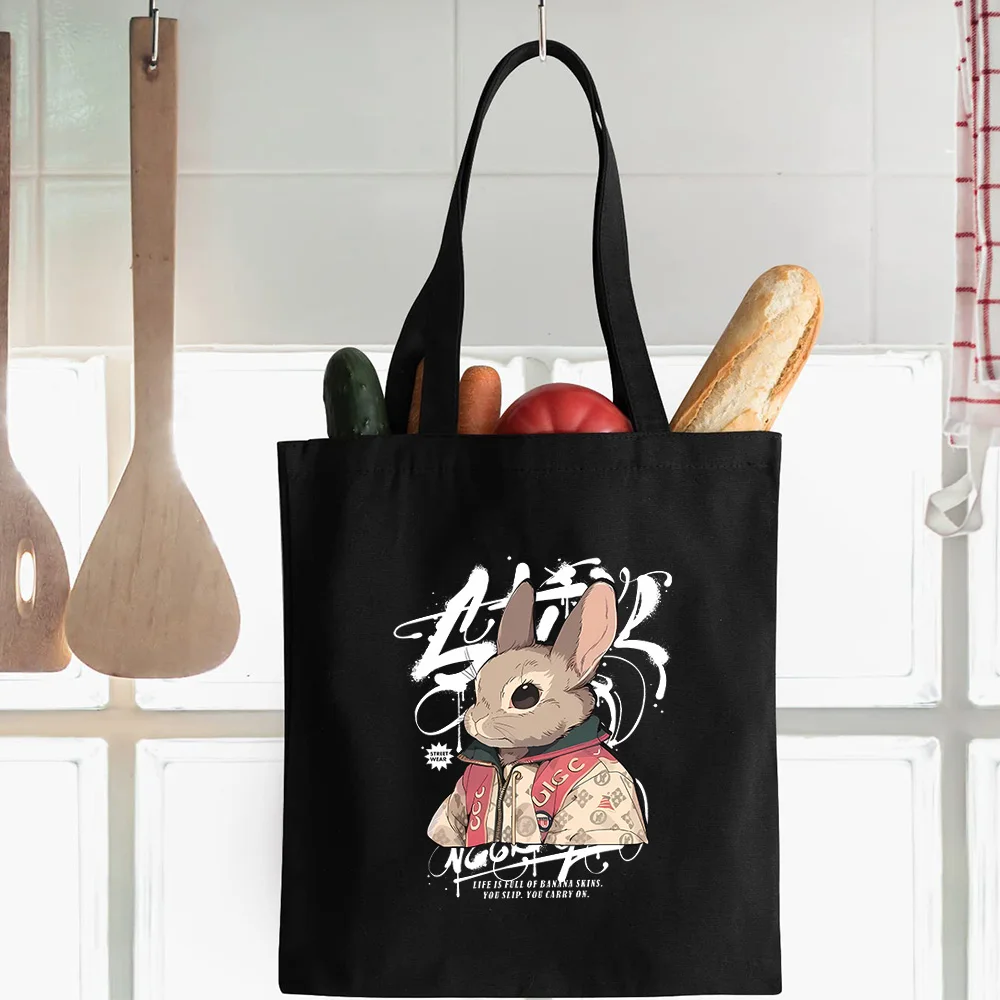 

Street Graffiti Rabbit Black Canvas Handbag - Eco Reusable Shopping Tote, Multipurpose Carryall for Storage & Daily Activities