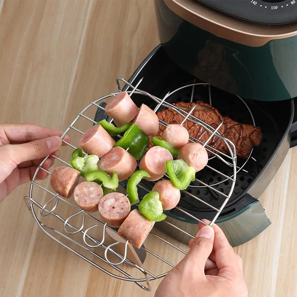 Air Fryer Rack for Air Fryer Oven, Multi-purpose  Stainless Steel Grill Wire Rack With 4 Skewers Barbecue Meat Skewers Stands