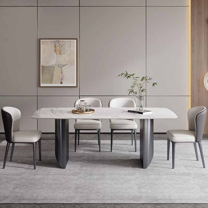 

Bright rock slab dining table light luxury modern simple household small apartment rectangular minimalist marble