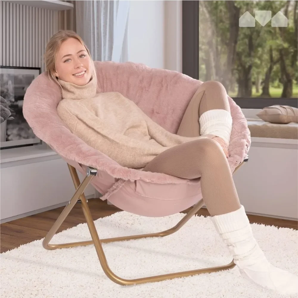 

Saucer Chair For Adults, Teens & Kids, Pink, Faux Fur XL Circle Chair for Bedroom, Dorm & Gaming, Foldable Comfy Accent Seat fo